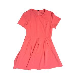 XL Coral Pink Fit and Flare Dress - Pleated Skirt Solid Crew Neck Skater